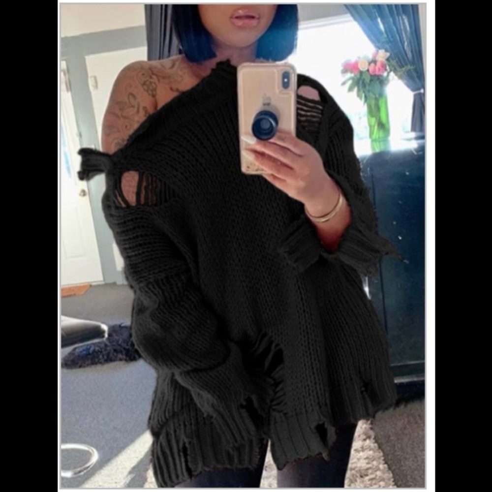 STREET DISTRESSED BROKEN HOLES BLACK SWEATER NWOT